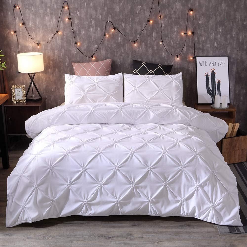 Pinch Pleat Tufted Duvet Cover Set 2/3pcs White – Geometric Comforter Cover with Pillow Shams, Soft All-Season Bedding for Bedroom Decor, Twin Full Queen King