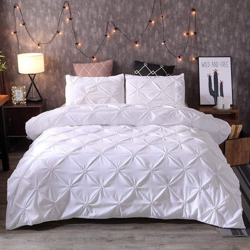 Pinch Pleat Tufted Duvet Cover Set 2/3pcs White – Geometric Comforter Cover with Pillow Shams, Soft All-Season Bedding for Bedroom Decor, Twin Full Queen King