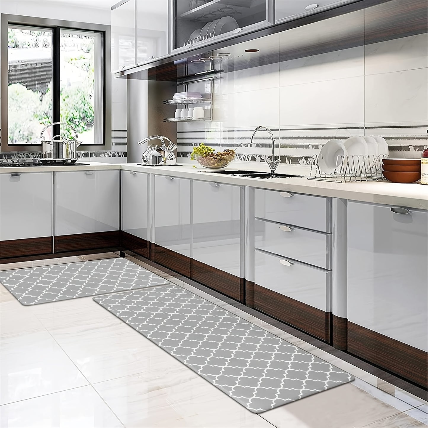Anti Fatigue Kitchen Mat Set of 2 Non-Slip Cushioned Kitchen Rugs 17x47+17x28 Inch PVC Foam Comfort Standing Mat Farmhouse Kitchen Floor Mats Wipe Clean Runner Rug for Kitchen Laundry Room