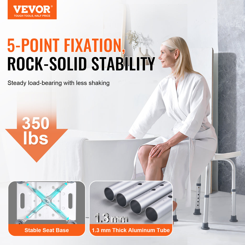 VEVOR Shower Chair, Adjustable Height Shower Stool, Shower Seat for Inside Shower or Tub, Non-Slip Bench Bathtub Stool Seat for Elderly Disabled Handicap, 350 LBS/ 500 LBS Capacity, No handrails/With handrails