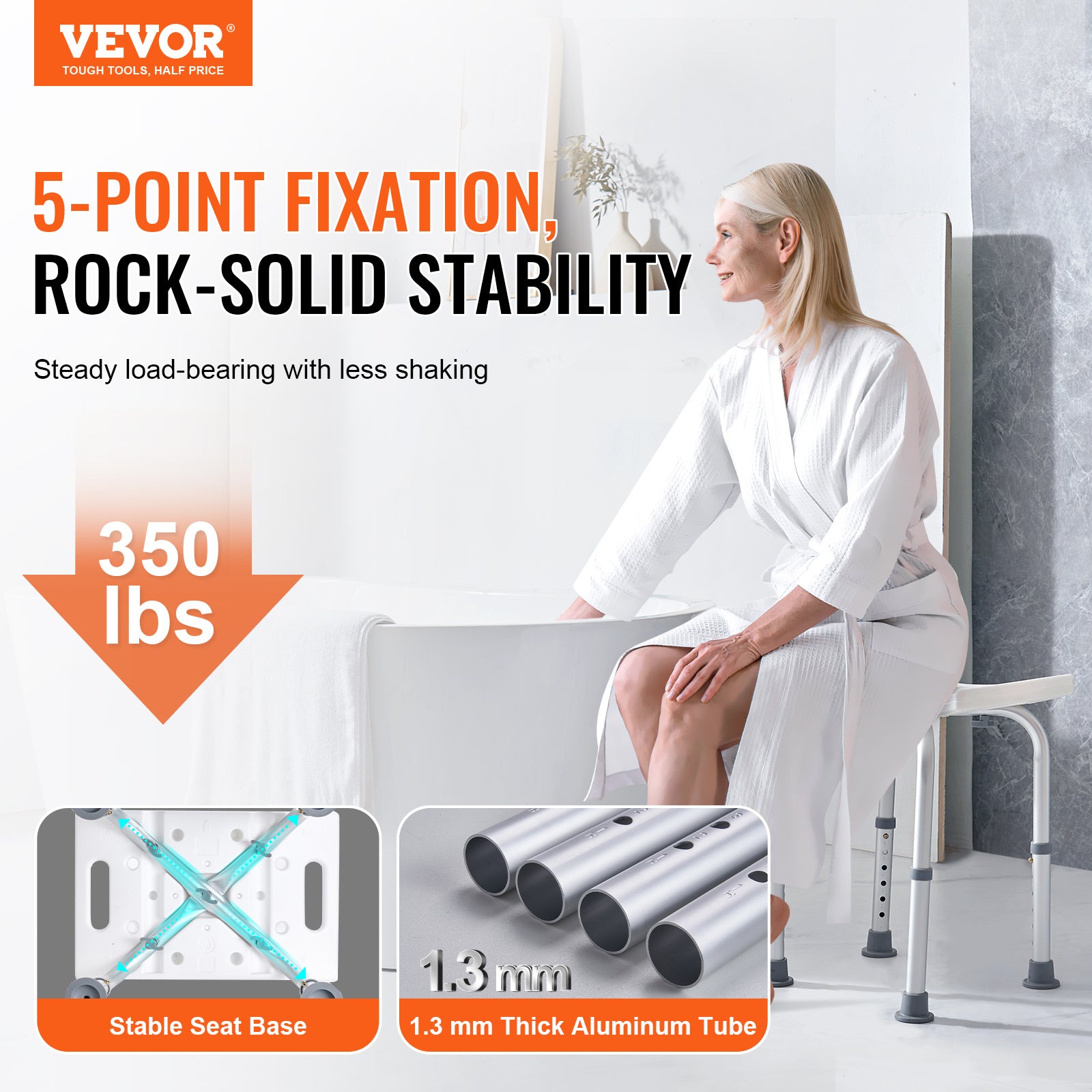 VEVOR Shower Chair, Adjustable Height Shower Stool, Shower Seat for Inside Shower or Tub, Non-Slip Bench Bathtub Stool Seat for Elderly Disabled Handicap, 350 LBS/ 500 LBS Capacity, No handrails/With handrails