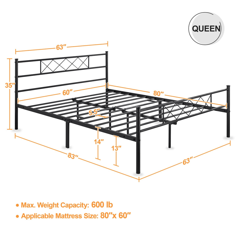 ALDEN DESIGN Bed Frame, Metal Platform Bed with Cross-design Headboard, Bed Base, Metal Bed Frame with Footboard for Bedrooms, Guest Rooms, Dormitories, Apartments, Black/White,Twin/Full/Queen Size