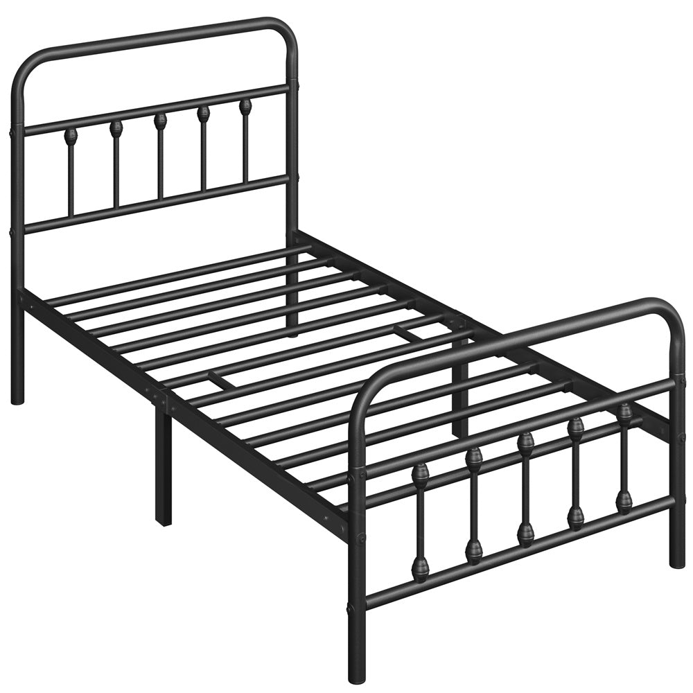 ALDEN DESIGN Bed Frame, Classic Iron Platform Bed with High Headboard and Footboard, Slatted Bed Base, Mattress Foundation, Farmhouse Platform Bed, Strong Metal-Framed Bed with Storage, Black/White, Twin/Full/Queen Size