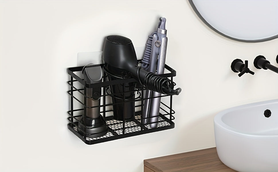 Wall-Mounted Hair Dryer Holder with Non-Adhesive Stickers - Black Plastic, Space-Saving Organizer for Bathroom, Includes Clamp for Secure Installation, Features a Easy-Access Slot for Styling Tools, Shelves