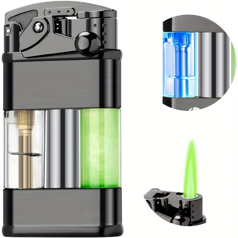 Refillable Butane Lighter with Green Flame – Windproof Pocket Lighter, Adjustable Flame, Rocker Ignition, Metal Body, Visible Fuel Window – Butane Not Included
