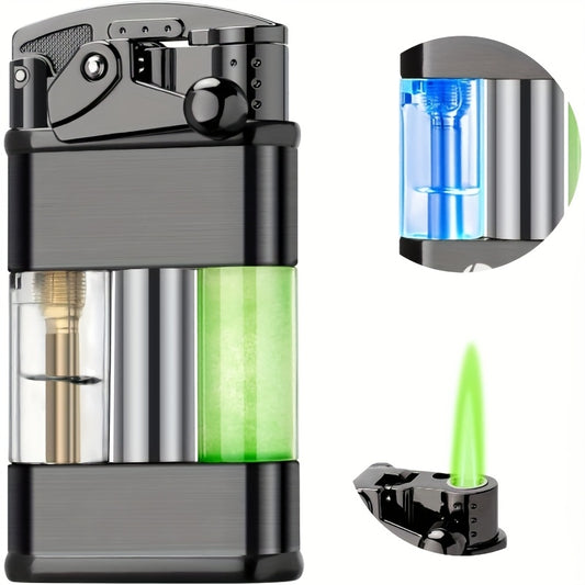 Butane Lighters, Green Flame Lighters, Visible Transom Pocket Lighters, Lighters with Adjustable Flame Size, Windproof Lighters, Rocker Ignition Lighters, Metal Fuselage, Which Can Be Filled with Butane Gas Circularly, But Does Not Contain Butane