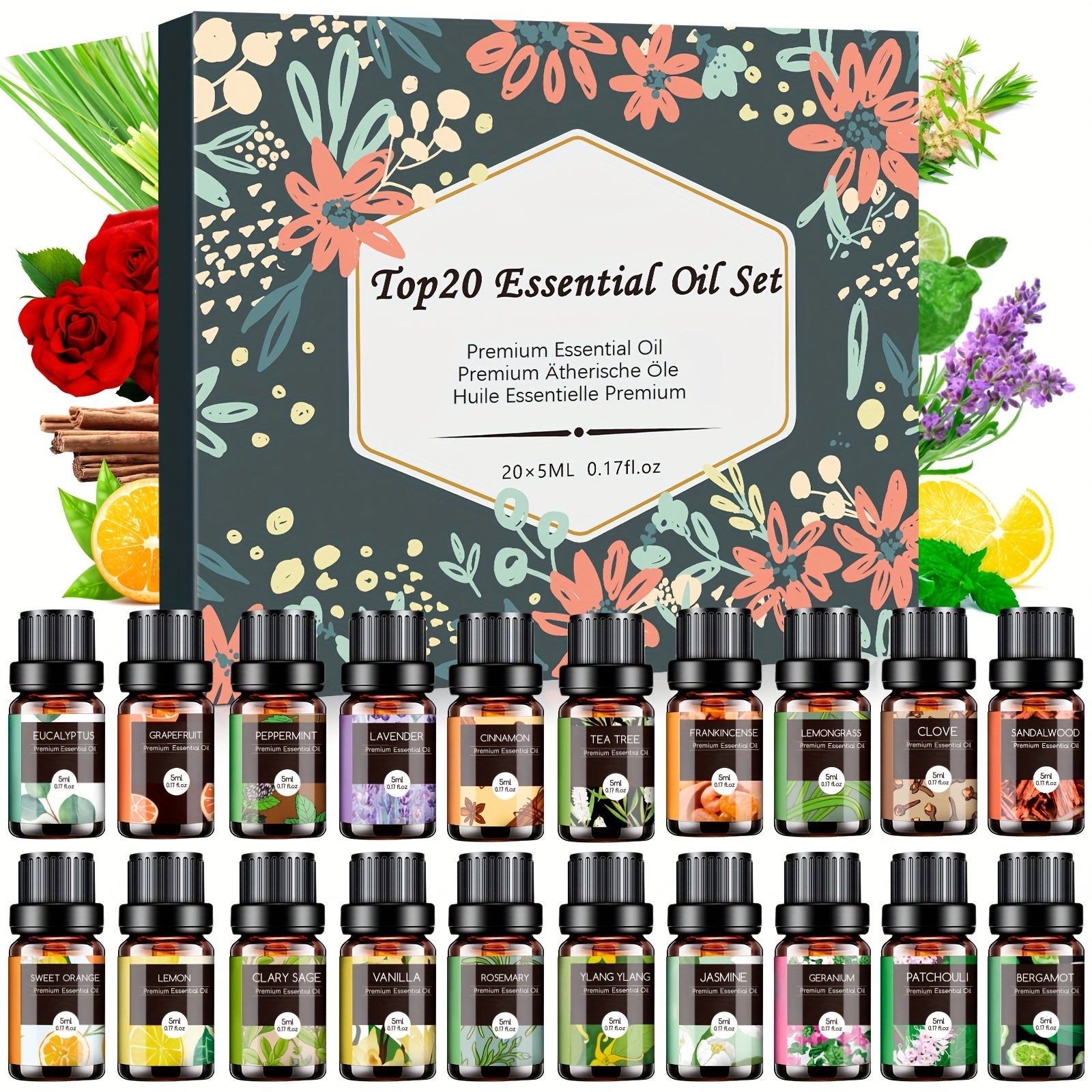 Pure Essential Oils Gift Set – 12 / 20 / 32 Pcs Aromatherapy Kit with Lavender, Tea Tree, Peppermint & More, 5ml Bottles for Massage, Skin Care & Diffuser, Holiday & Father's Day Gift | ShopVora CA