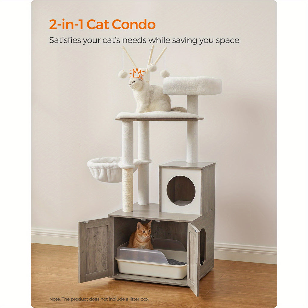 WoodyWonders Cat Tree with Litter Box Furniture Hidden Enclosure, Cat Condo with Scratching Posts, 2-in-1 Modern Tower, Removable Pompom Sticks