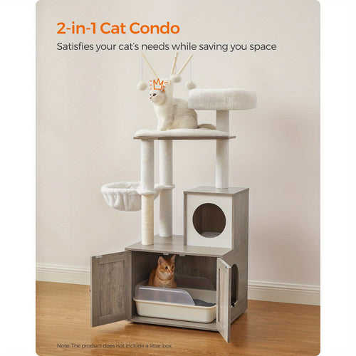 2-in-1 Cat Tree with Hidden Litter Box Enclosure – Modern Cat Condo with Scratching Posts & Removable Pompom Toys, Space-Saving Cat Furniture for Indoor Cats