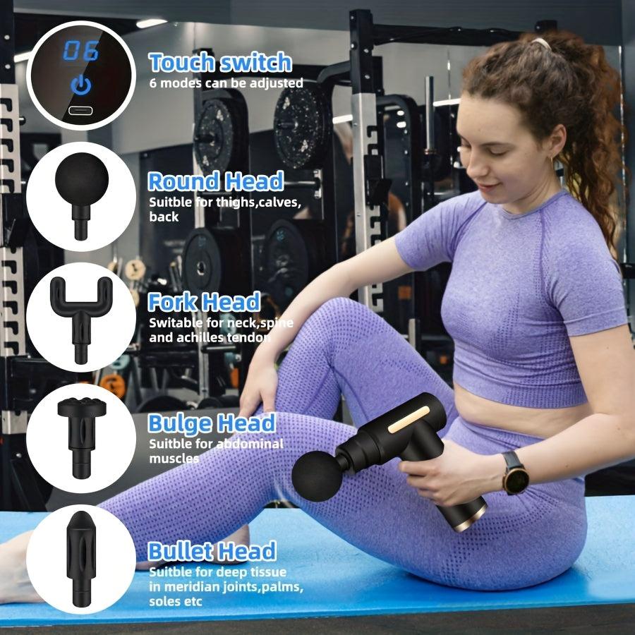 Compact Massage Device Featuring an LED Display - Rechargeable Muscle Soother, Comes with 4 Interchangeable Attachments, Powered by a 1200Mah Lithium Battery, Designed in Black And Golden, Ideal for Home And Travel