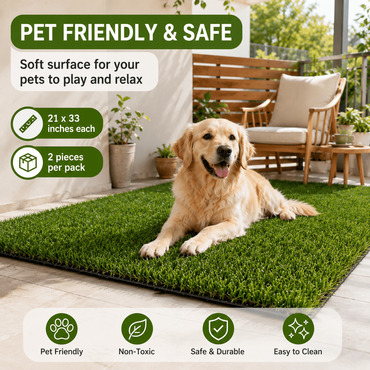 Artificial Grass Mat 2pcs of 21×43 Inches – 1.5" Thick Fake Grass Rug for Indoor Outdoor Patio, Balcony & Pet Area