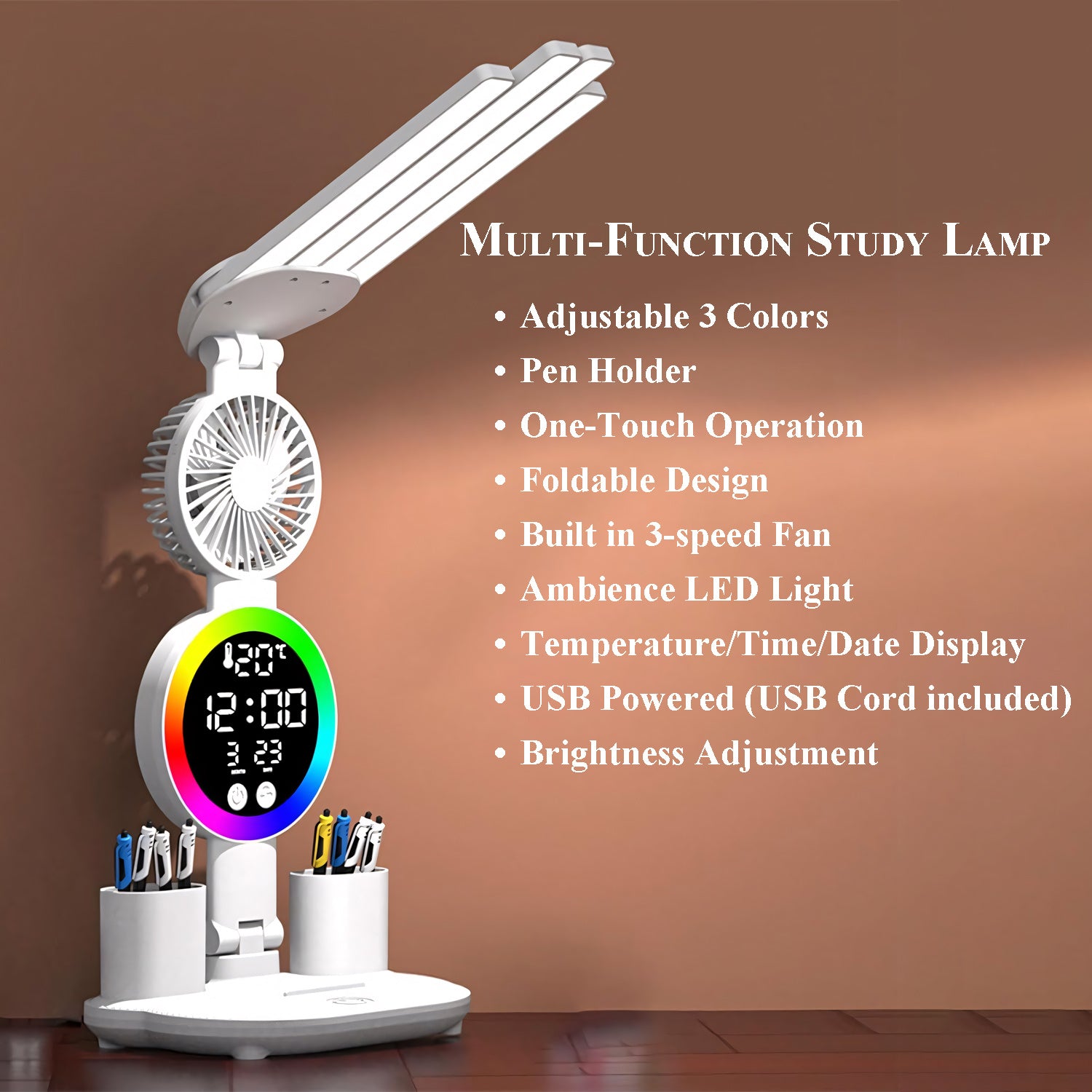 LED Desk Lamp for Study with LED Light, Built-in Fan, Time & Date Display, Temperature Display, Pen Holder Organizer, Touch Control, USB Powered (none rechargable) Multifunction Reading Lamp, Adjustable Brightness Eye-Care Table Lamp