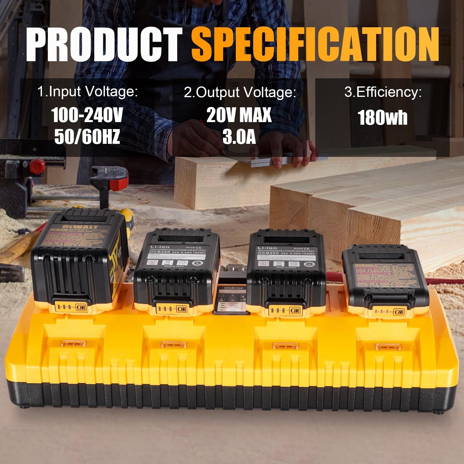 4-Port DeWalt Battery Charger Station – 12V/20V MAX Replacement for DCB104, 3A Fast Charge, USB & Type-C Ports, Wall-Mount & Portable, Compatible with DCB127 DCB200 DCB203 DCB606 & More
