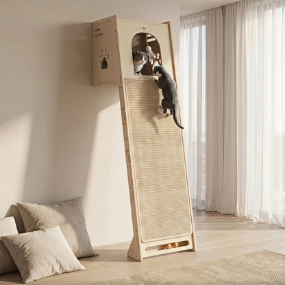 59-Inch Wall Mounted Cat Tree Tower for Large Cats & Kittens – Space-Saving Birch Wood Cat Furniture with Cave, Sisal Scratching Board & Interactive Toys for Small Apartments