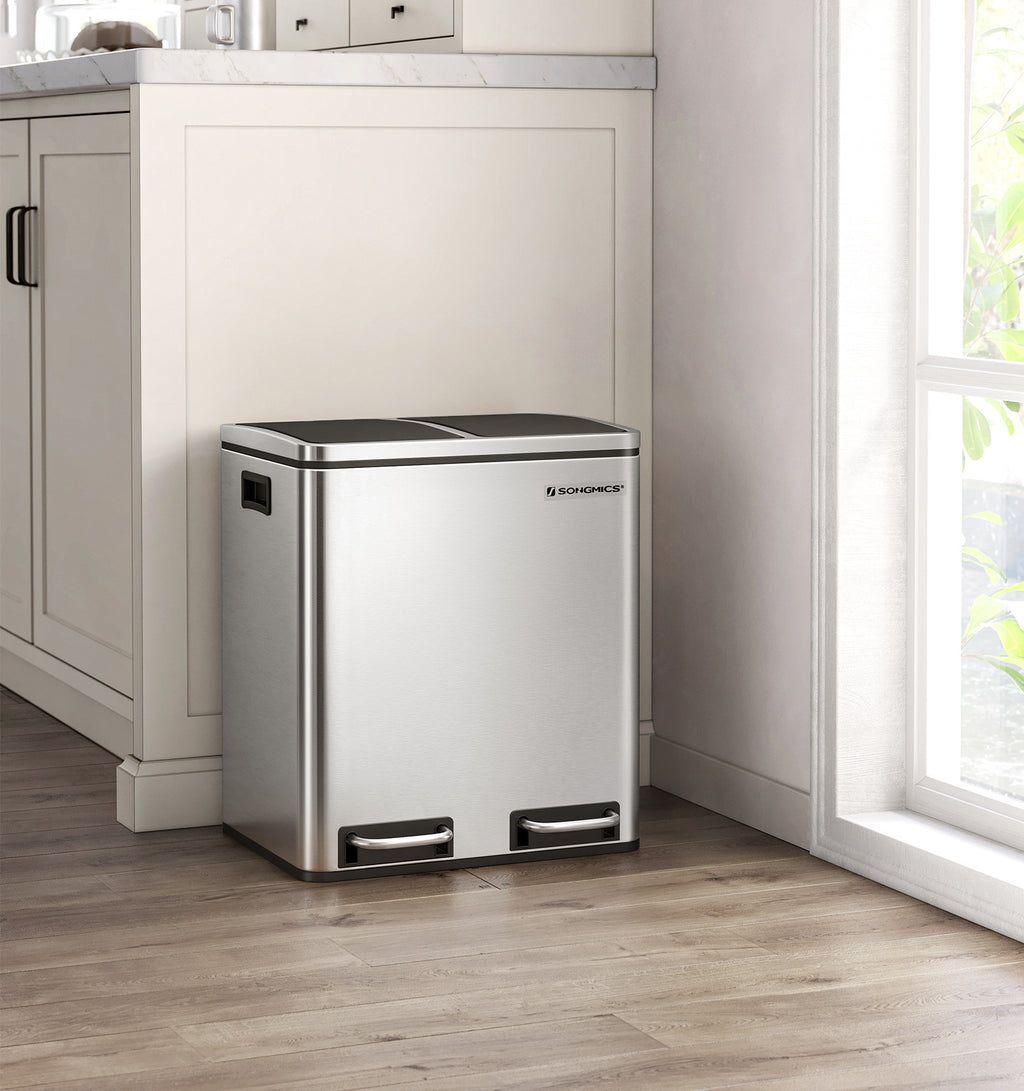 Garbage Can, 2 x 4 Gallon (2 x 15 L) Trash Can, Recycle Bin with Soft-Close Lids, Pedals, and Inner Buckets for Kitchen, Stainless Steel, Silver