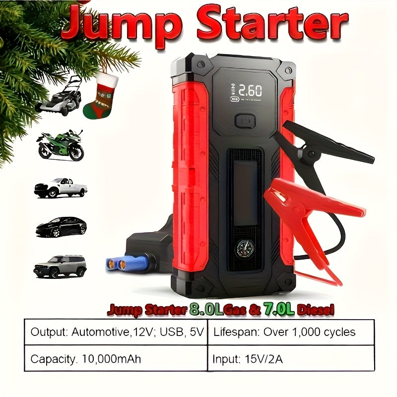 Portable Car Emergency Starter Power Supply | 12V Car Battery Charger With Optional 150Psi Air Pump, Led Light, Usb Type-C And Usb Output, Rechargeable Lithium Polymer Battery, Digital Display, Various Styles