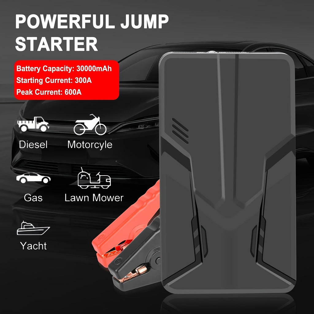 Compact 30000mAh Portable Car Jump Starter & Power Bank - Emergency 12V Auto Booster for SUVs, Cars up to 1.59gal Gas & 101.44oz Diesel Engines with Smart Clip, Spark-Proof, USB Charging, LED Flashlight, and Multi-Device Compatibility No Wireless
