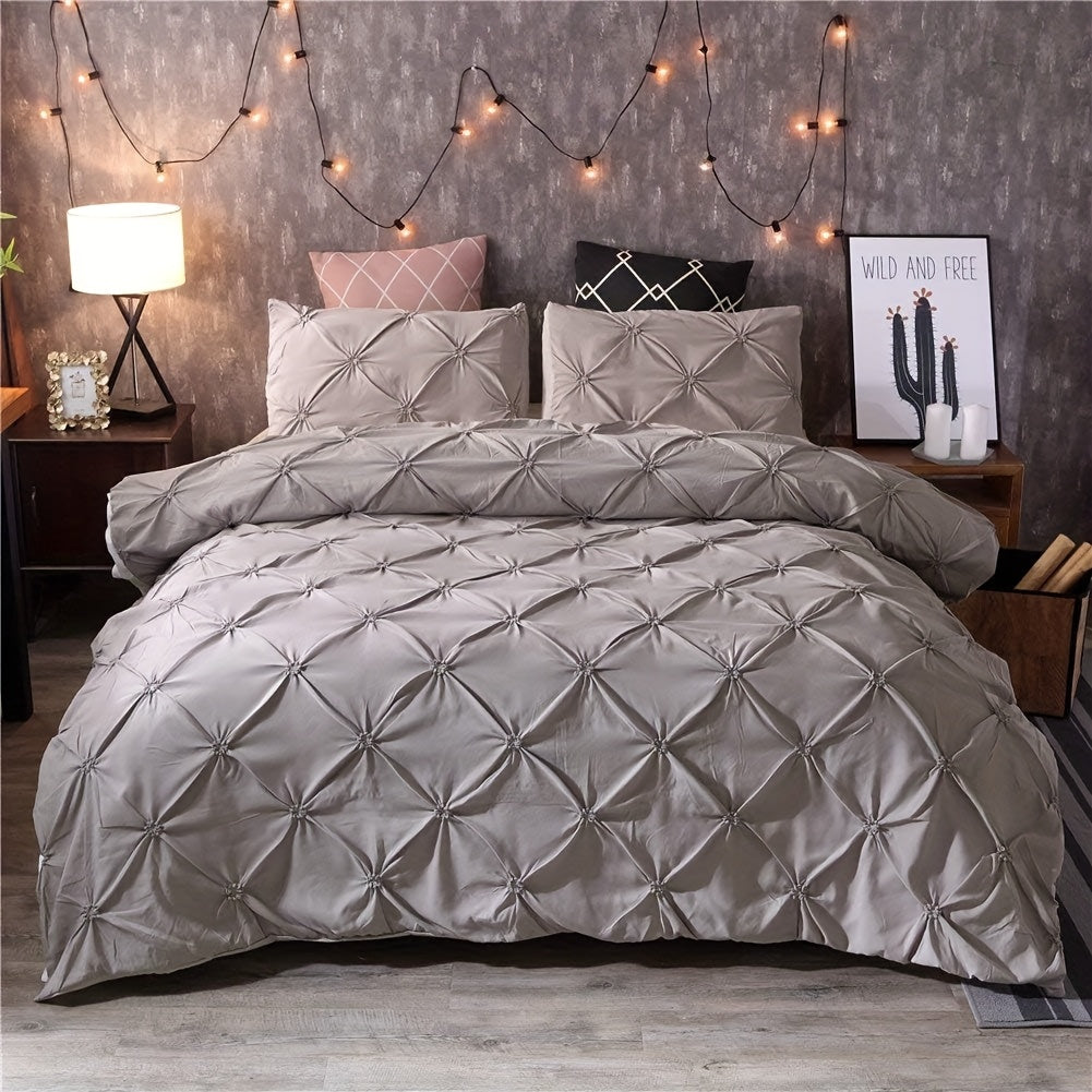 Pinch Pleat Tufted Duvet Cover Set 2/3pcs White – Geometric Comforter Cover with Pillow Shams, Soft All-Season Bedding for Bedroom Decor, Twin Full Queen King