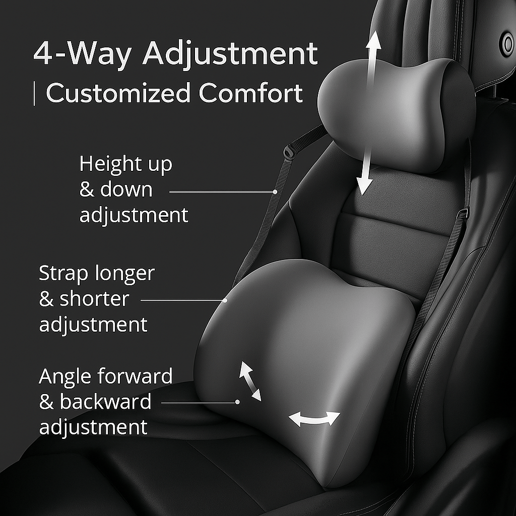 Car Headrest & Lumbar Support Cushion Set – Ergonomic Foam, Breathable Mesh | Black, Grey, Pink, Blue, Brown