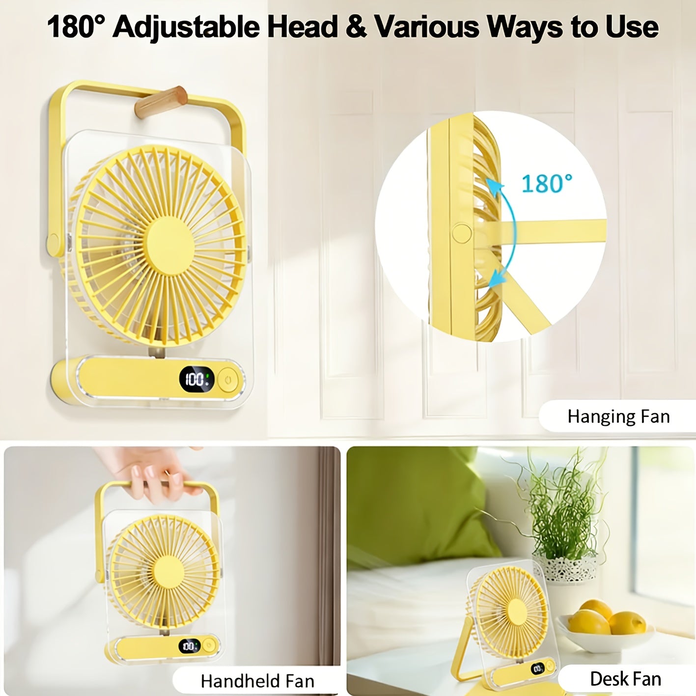 Rechargeable Circulating Cooling Fan, 5-Speed Cooling System - 3000Mah Battery, Wide-Angle Air Supply, Digital Display, Suitable for Home, Office, Camping, Portable Multifunctional Wall-Mounted And Desktop Air Conditioning Fan