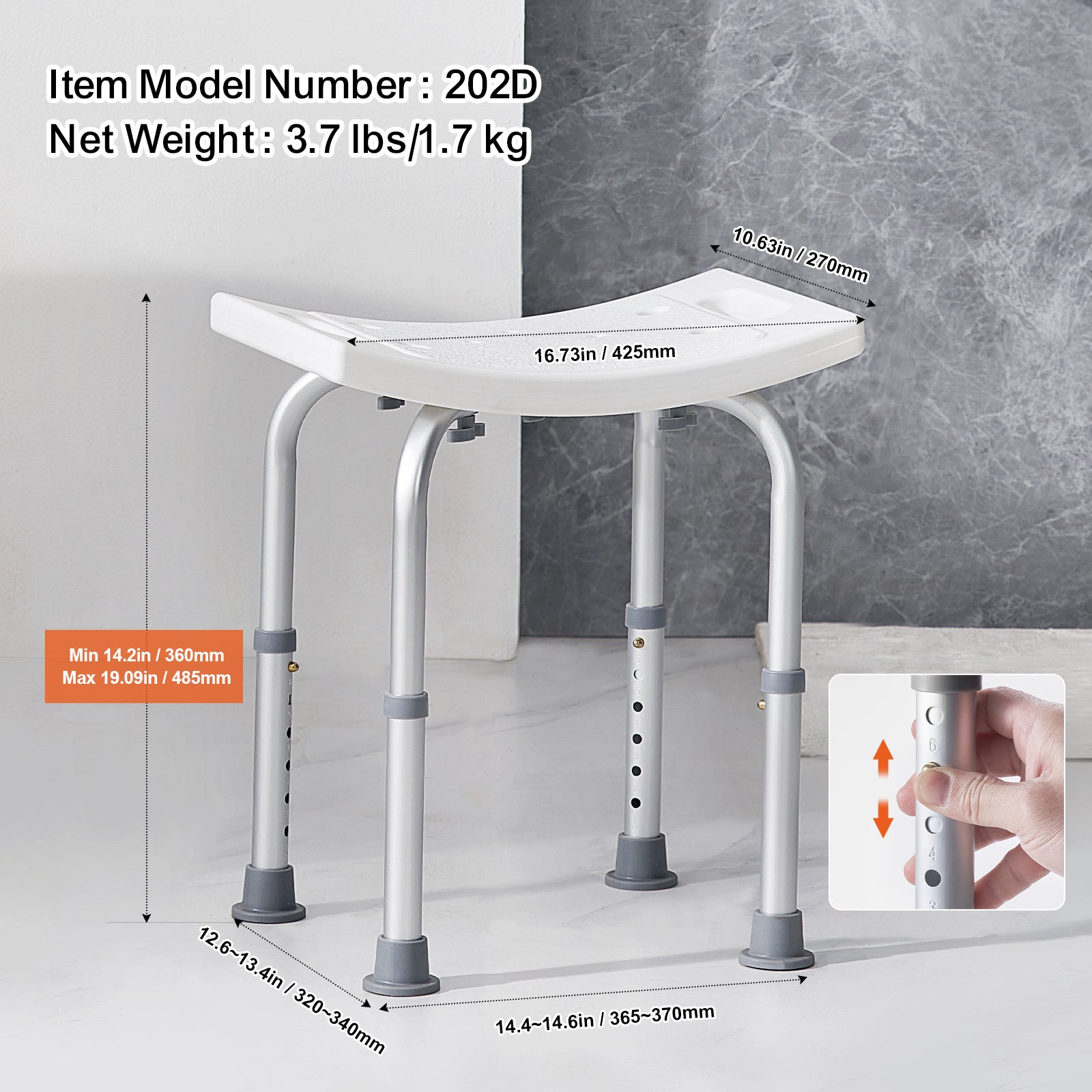 VEVOR Shower Chair, Adjustable Height Shower Stool, Shower Seat for Inside Shower or Tub, Non-Slip Bench Bathtub Stool Seat for Elderly Disabled Handicap, 350 LBS/ 500 LBS Capacity, No handrails/With handrails