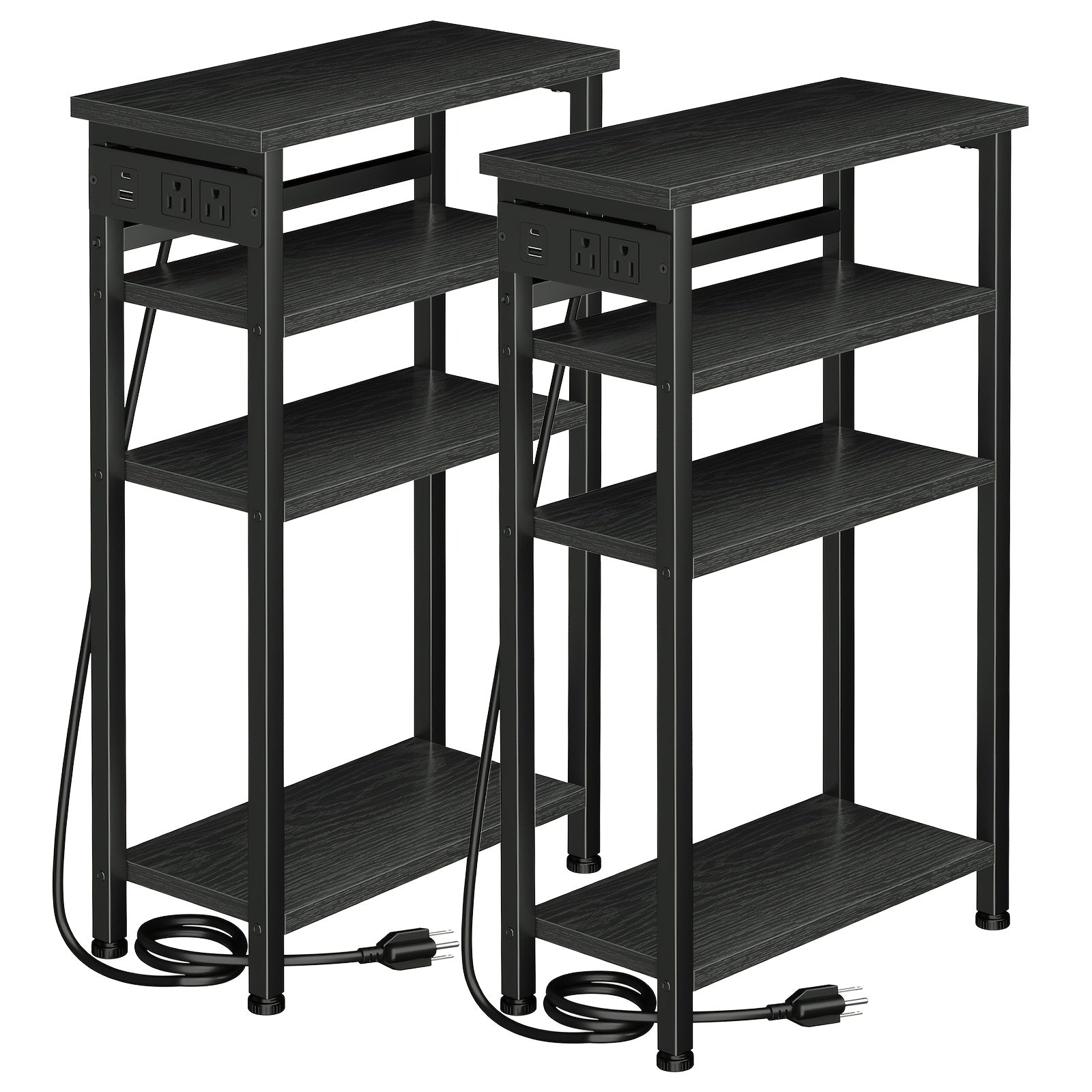 Narrow Side Table with Charging Station – 3 or 4 Tier, 2 USB + 2 Outlets, Small Space