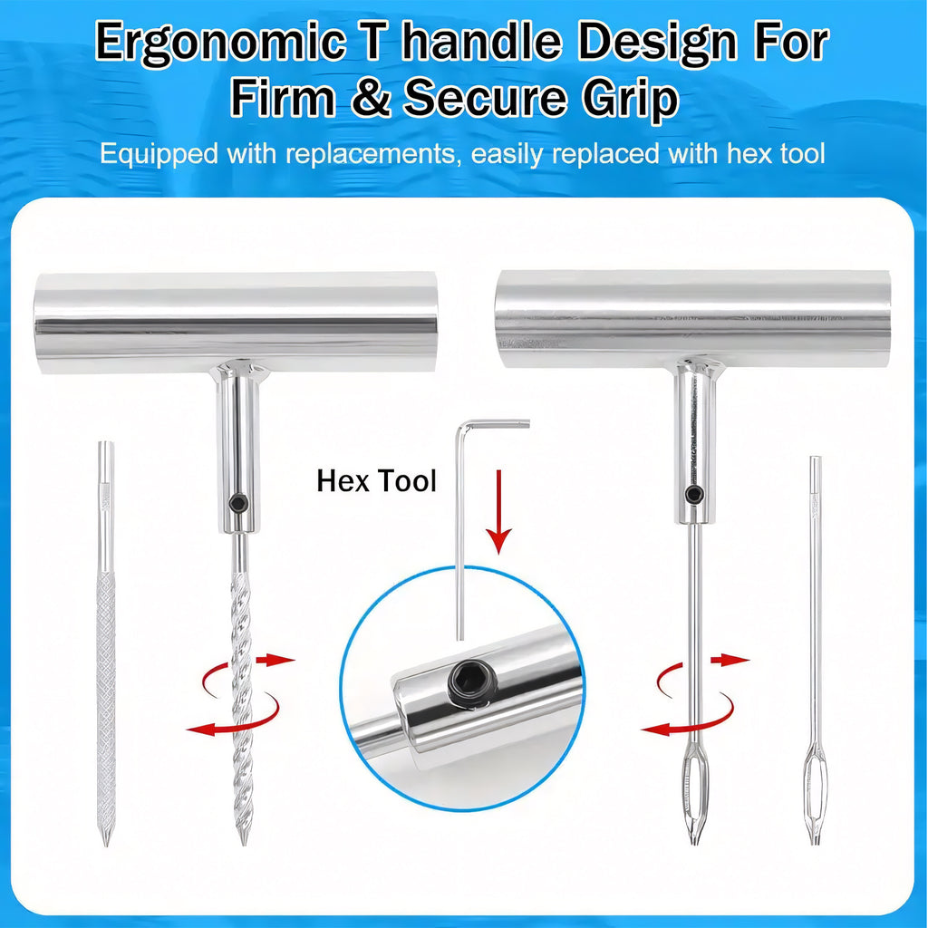 Tire Repair Tool Set Kit, Heavy duty Puncture Plug and Patch Tools Set with Reamer, Insertion Tools, Tire Plugs and Accessories for Car, Motorcycle, Truck, ATV, Tractor, RV, SUV, UTV and Trailer Flat