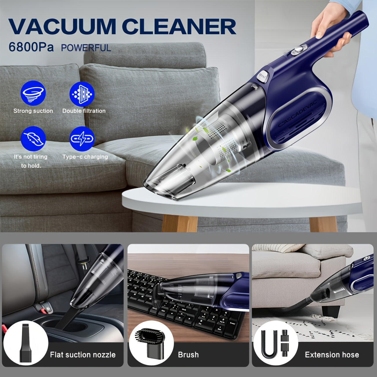 Vacuum Cleaner, 6800PA Super Strong Suction Power, Handheld Vacuum Cleaner, 2000Mah Large Capacity, Low Noise, with Multiple Additions, Suitable for Car Interior, Home And Pet Cleaning, Ladies' Car Additions, Pink Girls' Car Supplies And Gifts