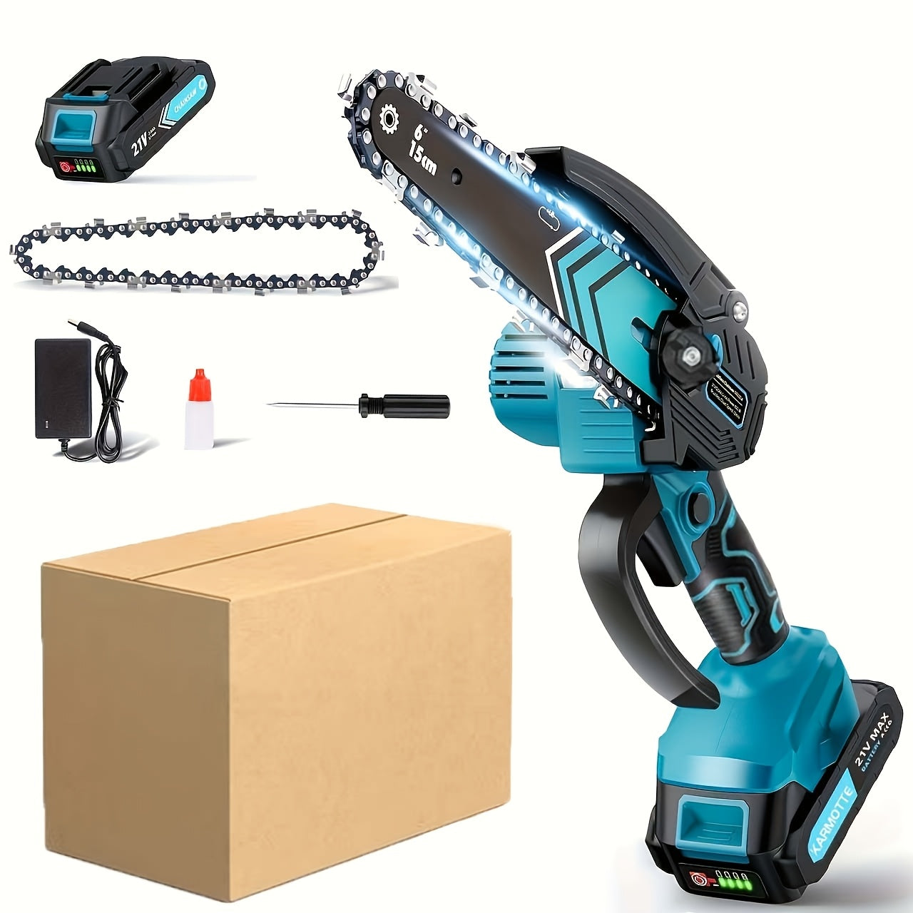 Mini Chainsaw 6" & 8" Brushless Cordless – 700W Auto Oiler, 21V 2000mAh Battery, Toolless Adjustment, Lightweight for Tree Trimming, Wood Cutting, Camping & Garden Use