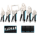 WPM Tool Set Includes a 6pcs Collection of Locking Pliers, Featuring Vice Grips in Sizes 5", 7", And 10" with Curved Jaws, Along with Long Nose Locking Pliers Measuring 6-1/2" And 9-1/2", And a 6" Locking C-Clamp