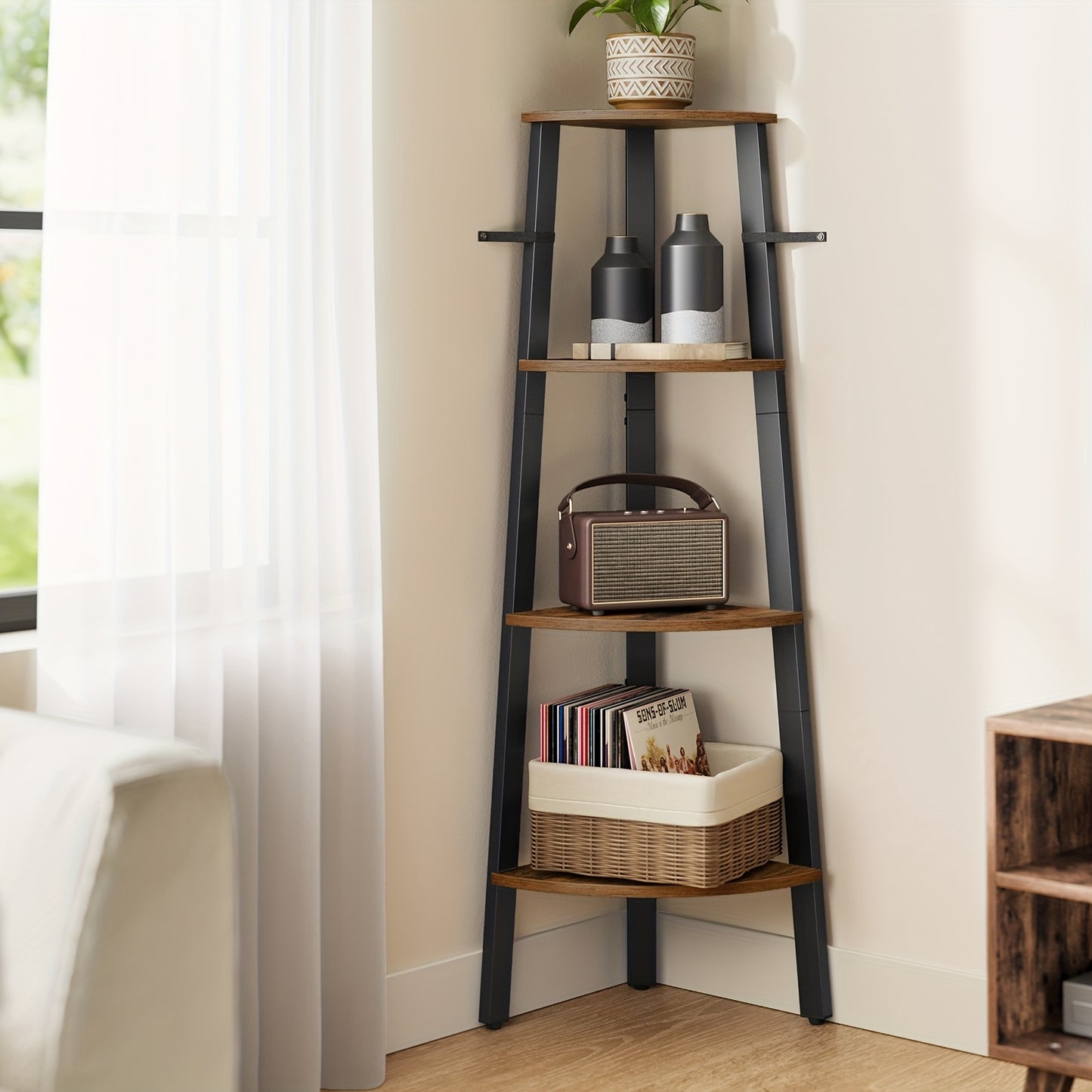 4-Tier Industrial Corner Shelf Plant Stand with Steel Frame - Corner Bookshelf Storage Shelving Unit Rustic Brown Black for Living Room Office Hallway Bedroom Canada
