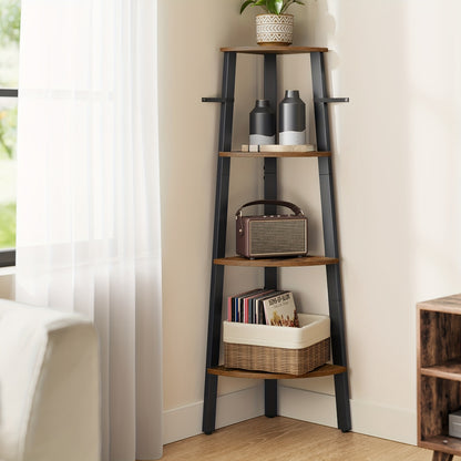 4-Tier Industrial Corner Shelf Plant Stand with Steel Frame - Corner Bookshelf Storage Shelving Unit Rustic Brown Black for Living Room Office Hallway Bedroom Canada