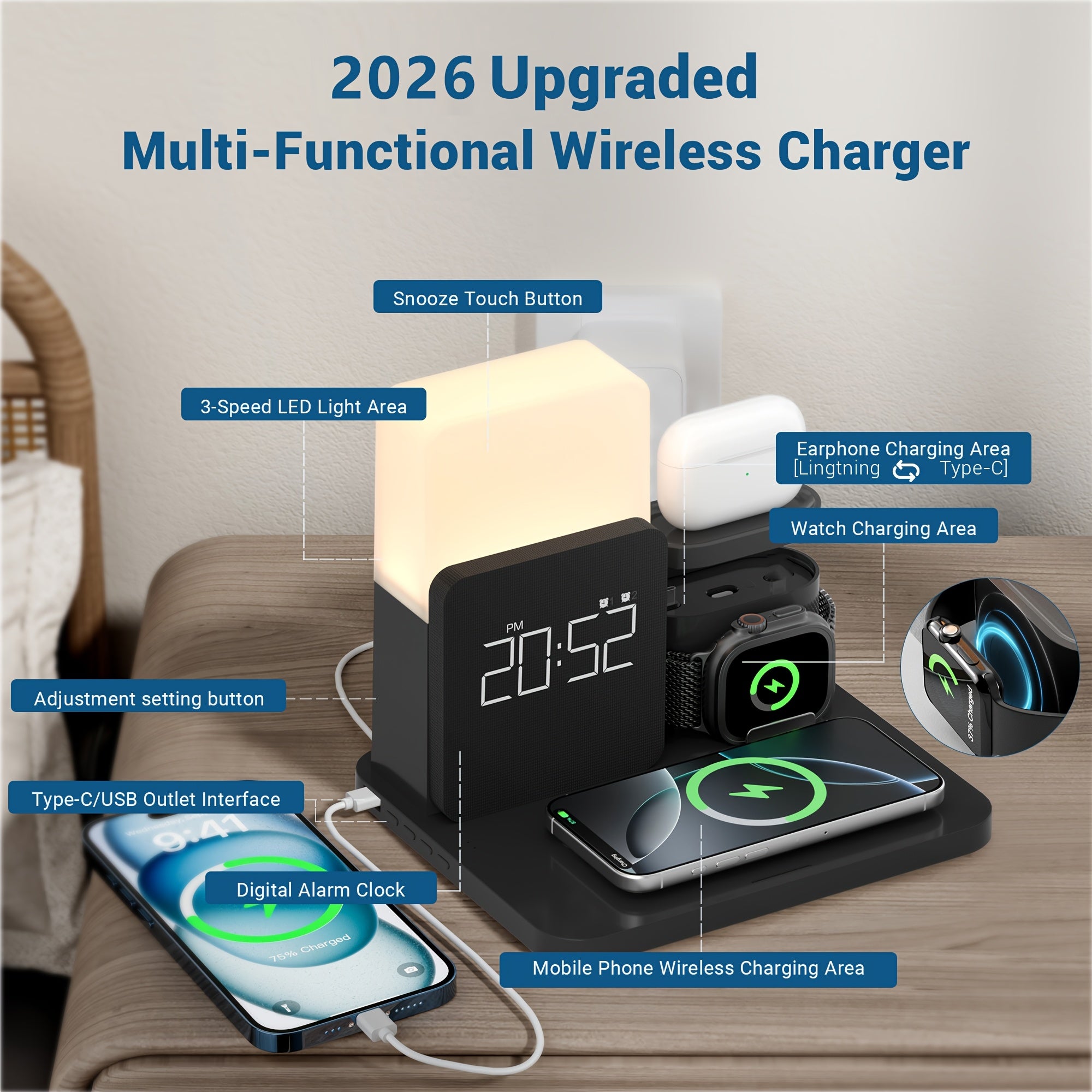 Wireless Charging Station, 3-In-1 Charging Station Alarm Clock with Wireless Charger for Iphone 12/13/14/15 Pro/13 Mini/13 Pro Max/12 Pro And Airpods