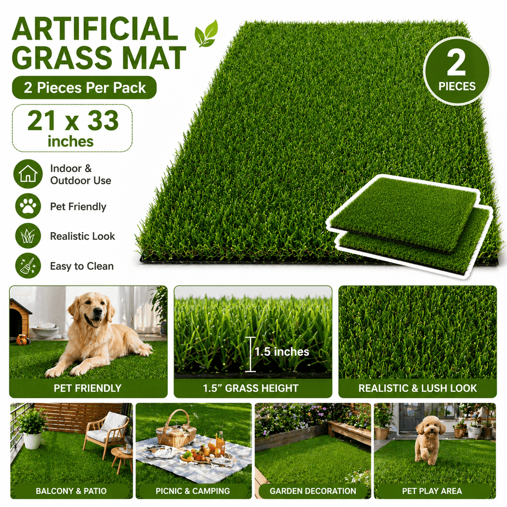 Artificial Grass Mat 2pcs of 21×43 Inches – 1.5" Thick Fake Grass Rug for Indoor Outdoor Patio, Balcony & Pet Area
