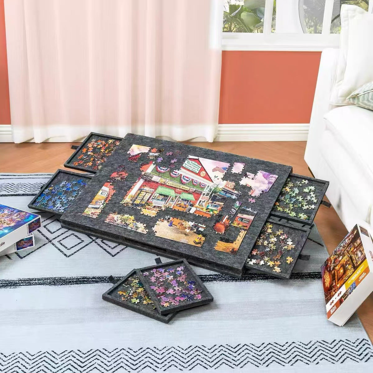 Puzzle Board with 6 Sliding Drawer Organizers for 1500 Pieces - Portable 23.6"x31.5" Puzzle Table with Storage & 2 Puzzle Boxes, Family Game Gift