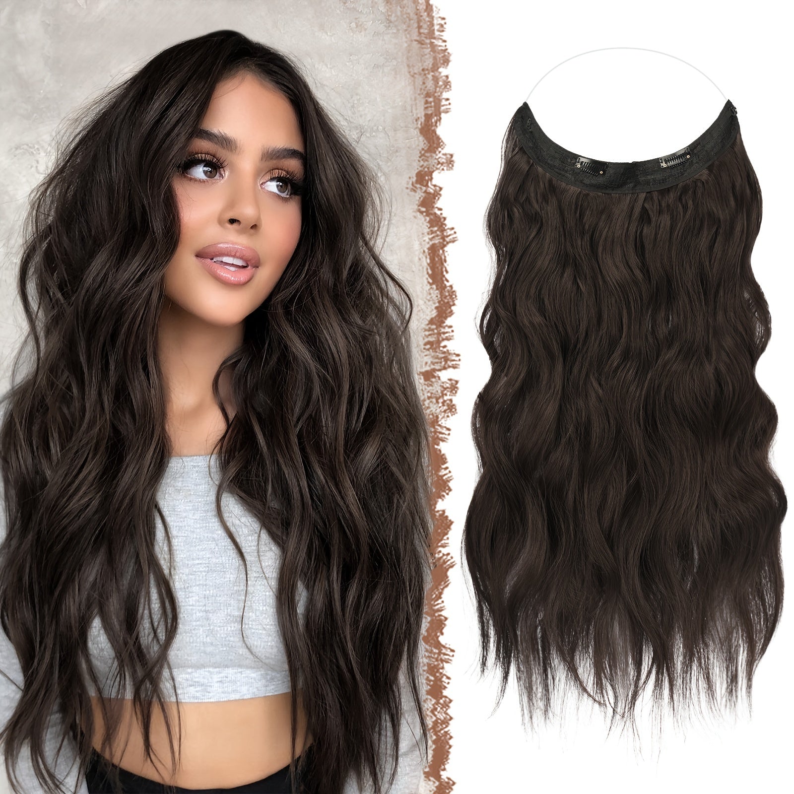 Invisible Wire Hair Extensions 20 Inch – Transparent Wire Long Wavy Synthetic Hairpiece with Secret Headband & Clips for Women, Dark Ash Blonde Mixed Bleach Blonde
