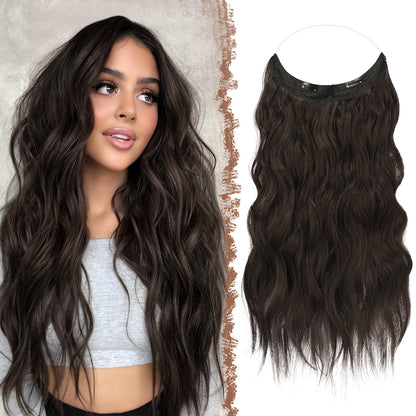 Invisible Wire Hair Extensions 20 Inch – Transparent Wire Long Wavy Synthetic Hairpiece with Secret Headband & Clips for Women, Dark Ash Blonde Mixed Bleach Blonde