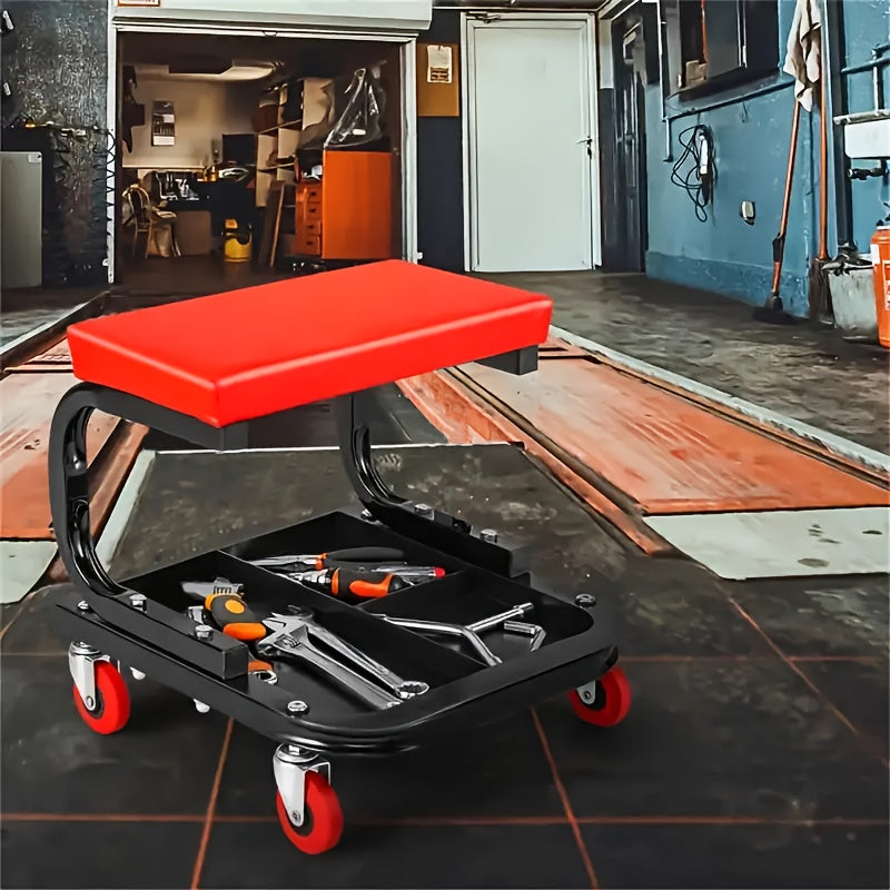 Heavy Duty Roll Crawling Stool with Padded Seats And Tool Pallet Storage - Adjustable Height, 4 Wheels Easy to Move, Red Cushion Comfortable, Great for Workshop, Car Repair And Mechanics