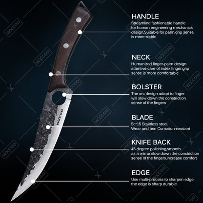 Forged Boning Knife 7.5" with Sheath – Handmade Japanese 5CR15 Steel Full Tang Chef Knife for BBQ Meat Fish & Vegetables | Hammered Finish Wood Handle | Kitchen Camping Outdoor | ShopVora CA