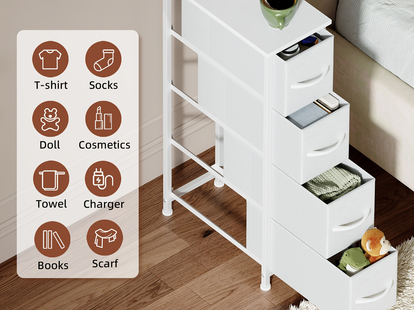 Narrow Dresser with 4 Drawers Slim Fabric Storage Chest – Removable Fabric Bins for Closet, Small Spaces, Bathroom, Bedroom & Laundry Room Organization