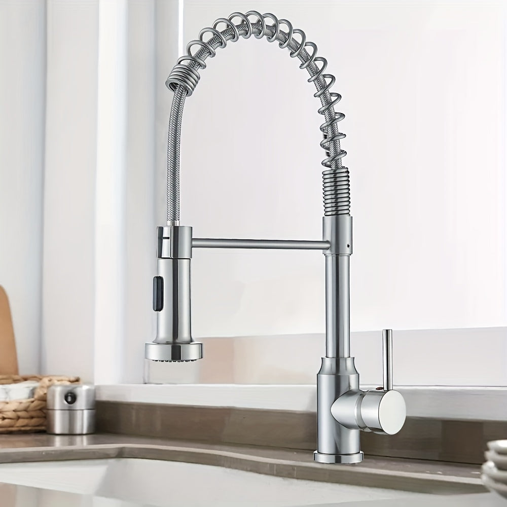 1pc Contemporary Kitchen Faucet with Pull Down Sprayer, Single Handle Single Hole High Arc Spring Commercial Monobloc Kitchen Sink Mixer Tap, 360° Universal Telescopic Splash-Proof Water Nozzle, Matte Black And Brushed Nickel