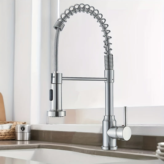 1pc Contemporary Kitchen Faucet with Pull Down Sprayer, Single Handle Single Hole High Arc Spring Commercial Monobloc Kitchen Sink Mixer Tap, 360° Universal Telescopic Splash-Proof Water Nozzle, Matte Black And Brushed Nickel
