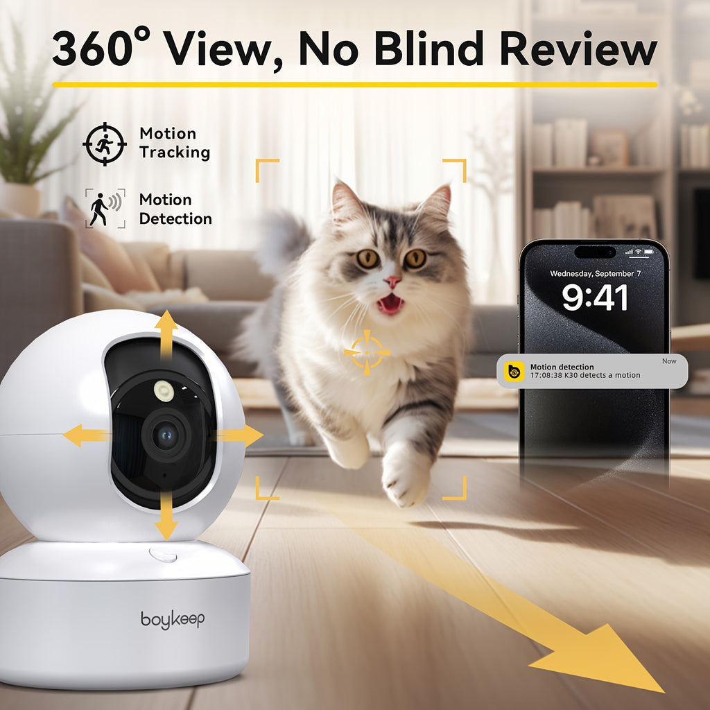 2pcs,BoyKeep 5g/2.4ghz WiFi smart camera, High-definition indoor safety monitor, special safety camera for babies and pets, 360° panoramic surveillance video, night vision, two-way calls, SD card and cloud storage