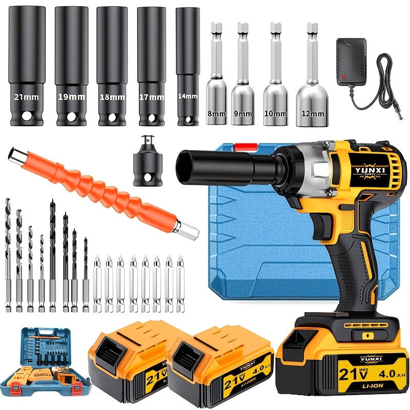 21V Cordless Electric Impact Wrench Full Kit – Lithium Battery, Charger, Toolbox & Sockets Included, High Torque Wireless Wrench for Car Repair, Home & Family Use, Gift for Men & Mechanics