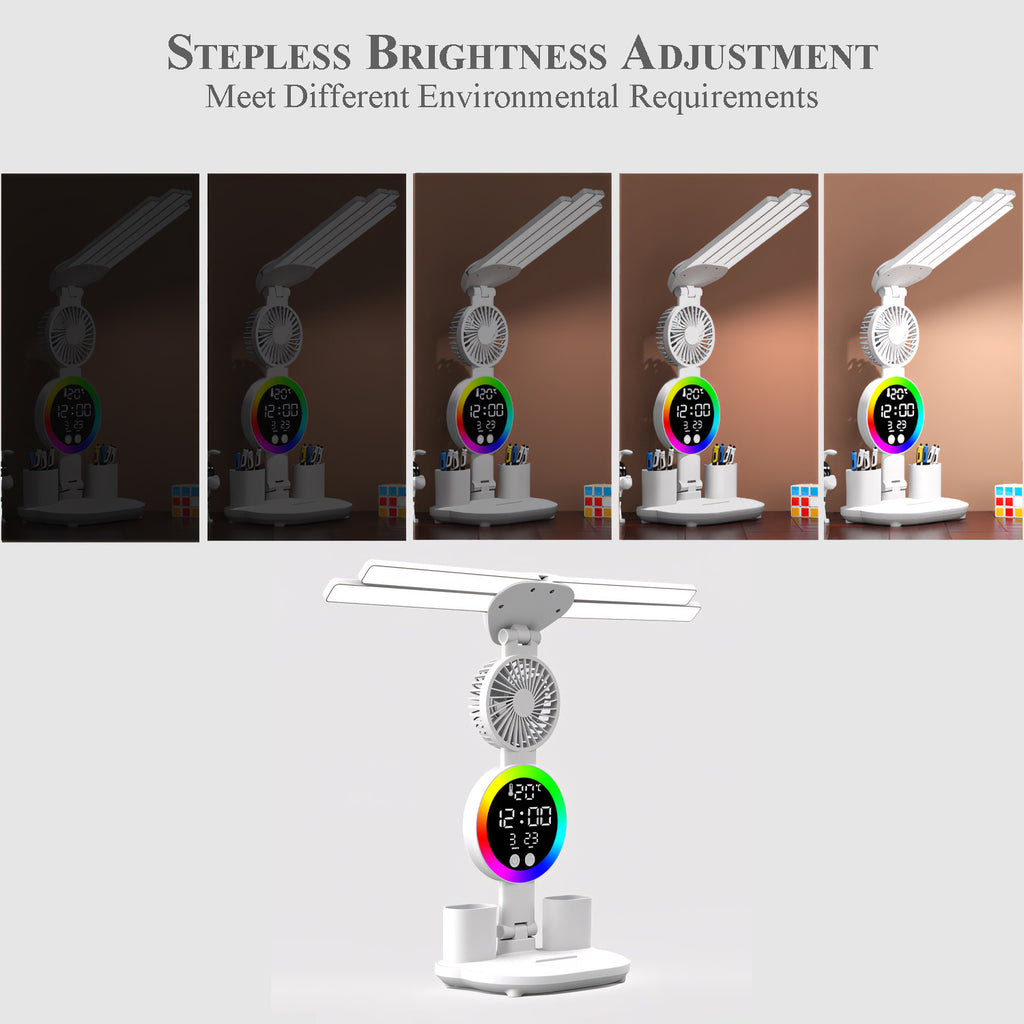 LED Desk Lamp for Study with LED Light, Built-in Fan, Time & Date Display, Temperature Display, Pen Holder Organizer, Touch Control, USB Powered (none rechargable) Multifunction Reading Lamp, Adjustable Brightness Eye-Care Table Lamp