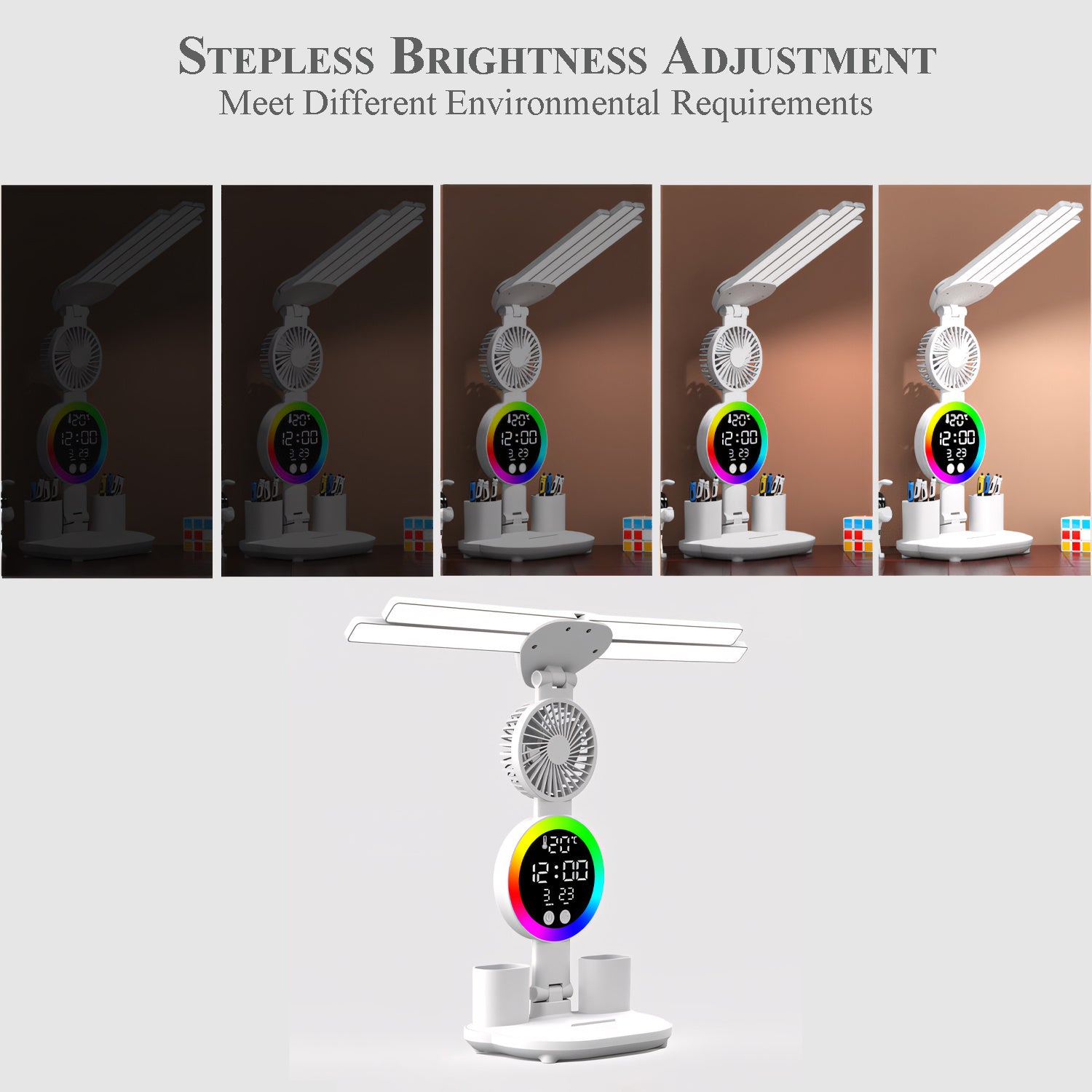 LED Desk Lamp for Study with LED Light, Built-in Fan, Time & Date Display, Temperature Display, Pen Holder Organizer, Touch Control, USB Powered (none rechargable) Multifunction Reading Lamp, Adjustable Brightness Eye-Care Table Lamp