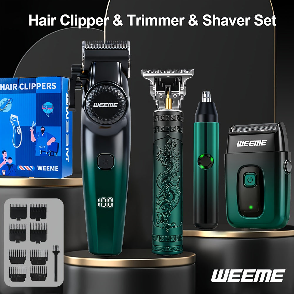 WEEME 4in 1 Hair Clippers for Men Set Professional, Cordless Men Hair Trimmer + Electric Shavers, Barber Kit for Nose, Body & Bald Head Grooming, LED Display, Precision Cutting, USB Rechargeable, Home & Barber Use