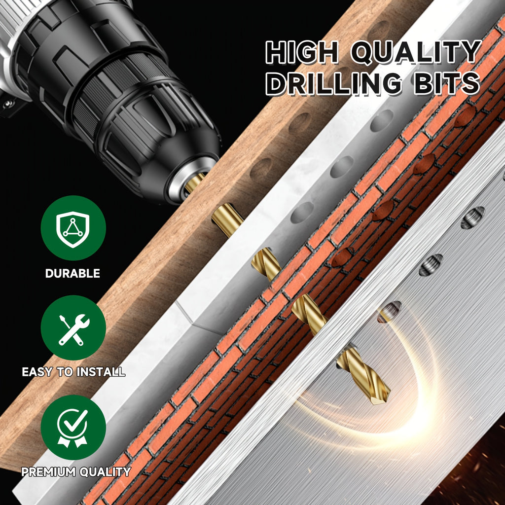 19pcs Coated Drill Bit Set, 1/16"-1/4" Sizes, Hex Shank with 135° Point Design, Quick Change, Sharp And Durable, Suitable for Wood, Metal, Plastic, And