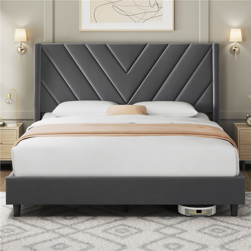 ALDEN DESIGN Upholstered Platform Bed,Upholstered Platform Bed with Wing Edge, Bed Frame with Wooden Support Slats, Upholstered Platform Bed with Tufted Headboard, Upholstered Bed with Headboard, Queen/Full,Beige/Dark Gray/Light Gray/Pink