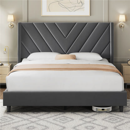 Upholstered Platform Bed with Tufted Headboard Wing Edge Wooden Slats Queen Full Bed Frame 800lb Capacity Beige Dark Gray Light Gray Pink - Canada
